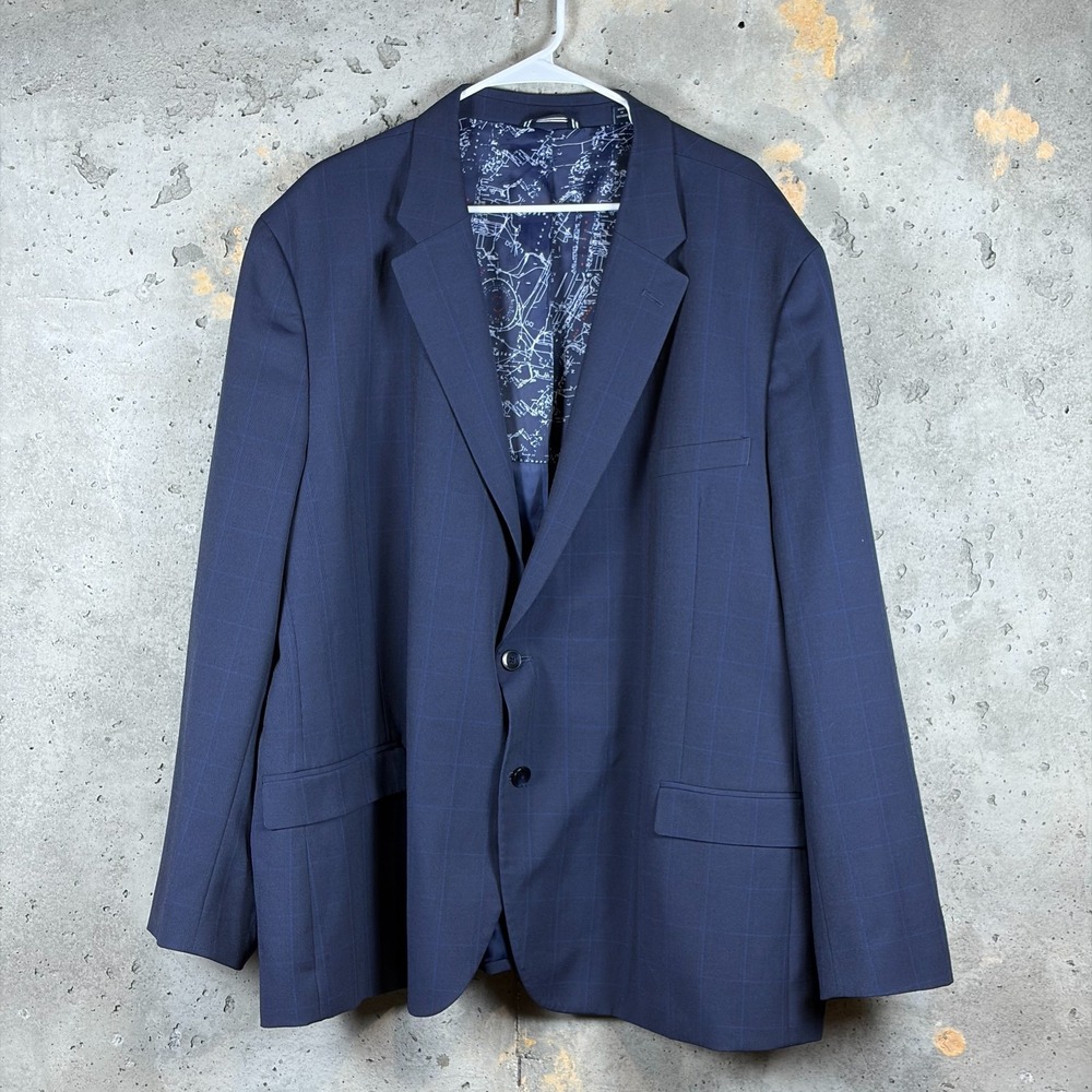 Nautica Blazer Jacket Mens 58 Navy Blue Check Stretch Single Breasted Business